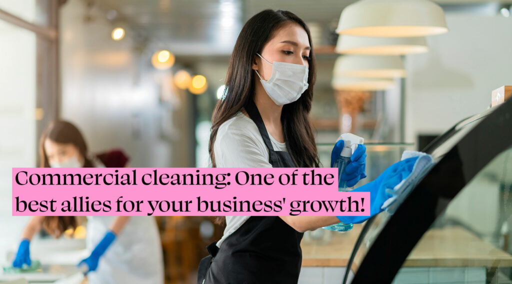 Commercial cleaning of a cafeteria. A woman cleaning.